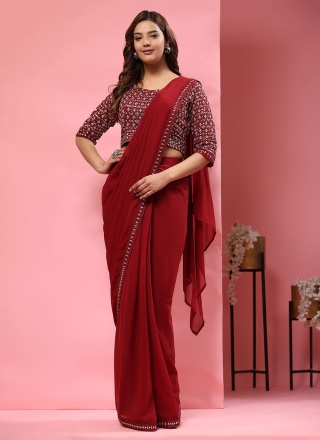 Beautiful Red Embroidered Classic Saree