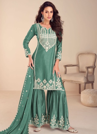 Beautiful Teal Moti Chinon Readymade Salwar Kameez