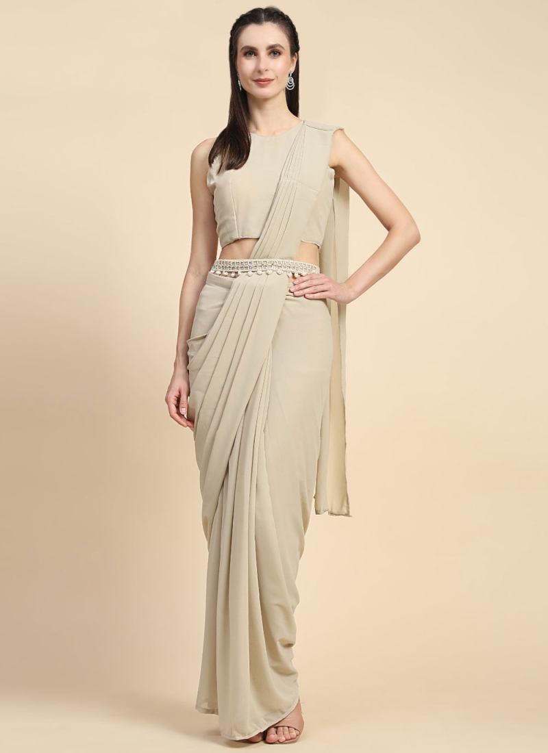 Beckoning Georgette Plain Beige Designer Saree