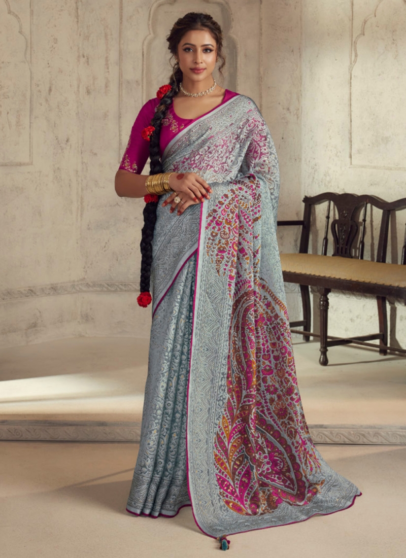 Pink-Grey Bandhani Printed With Woven Border Art Silk Saree