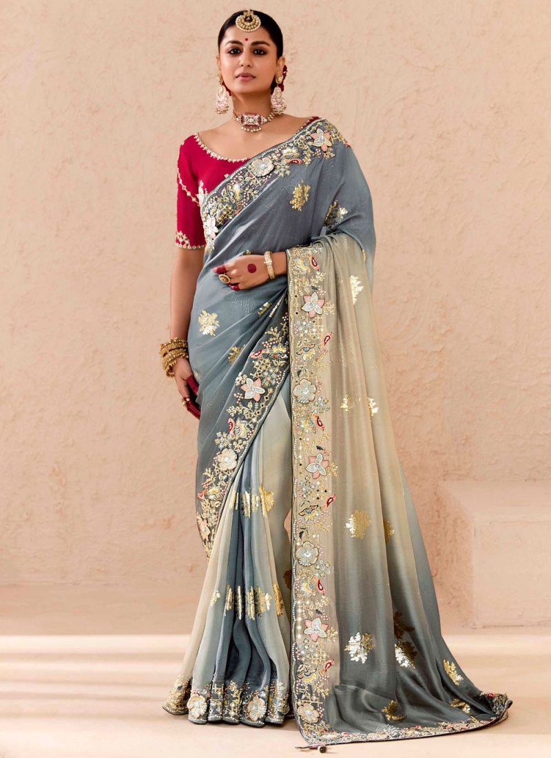 Beige and Grey Color Trendy Saree