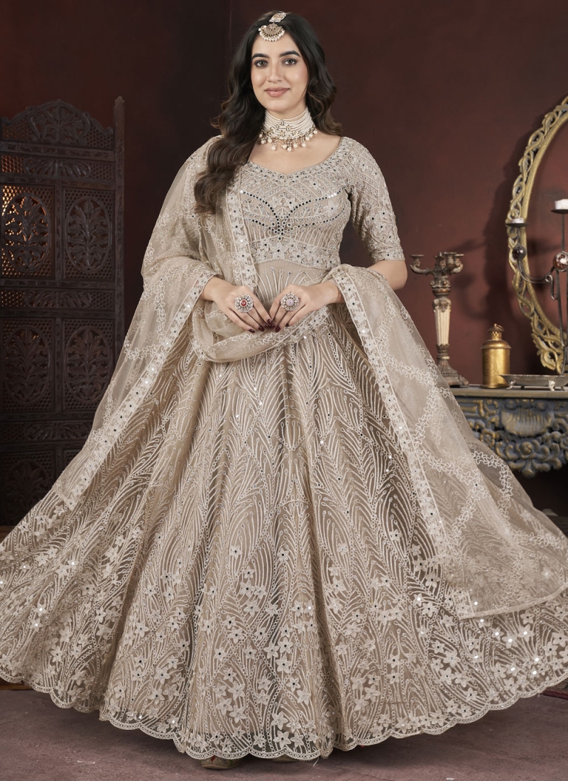 Beige Sangeet Net Trendy Gown