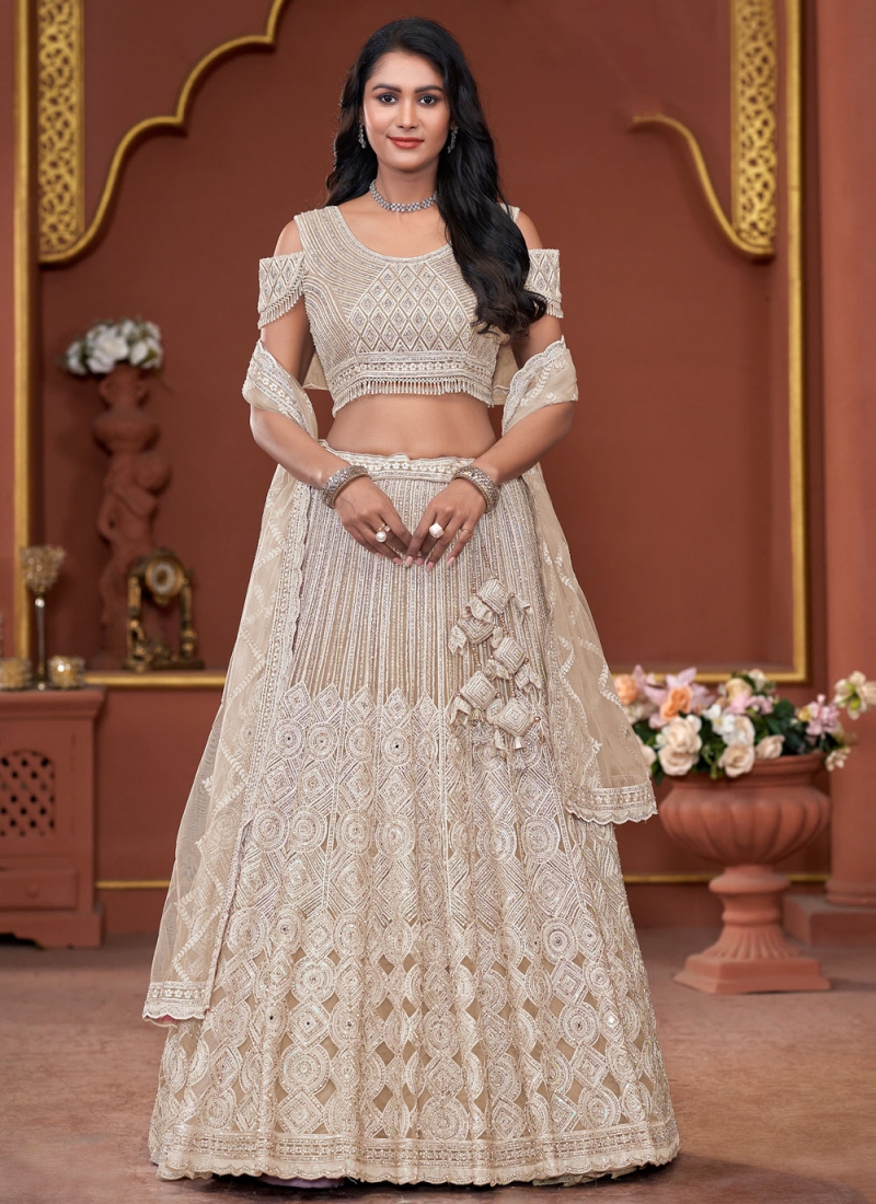 Beige Wedding Net Designer Lehenga Choli