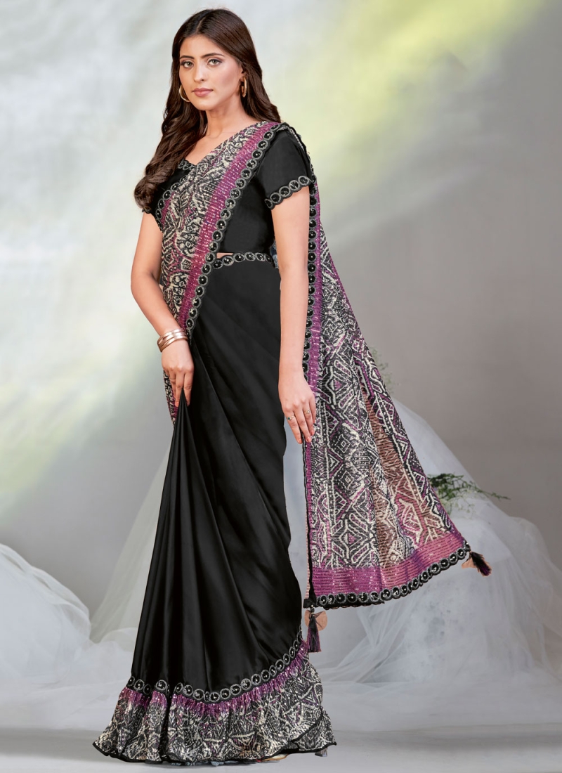 Black Ceremonial Satin Silk Trendy Saree