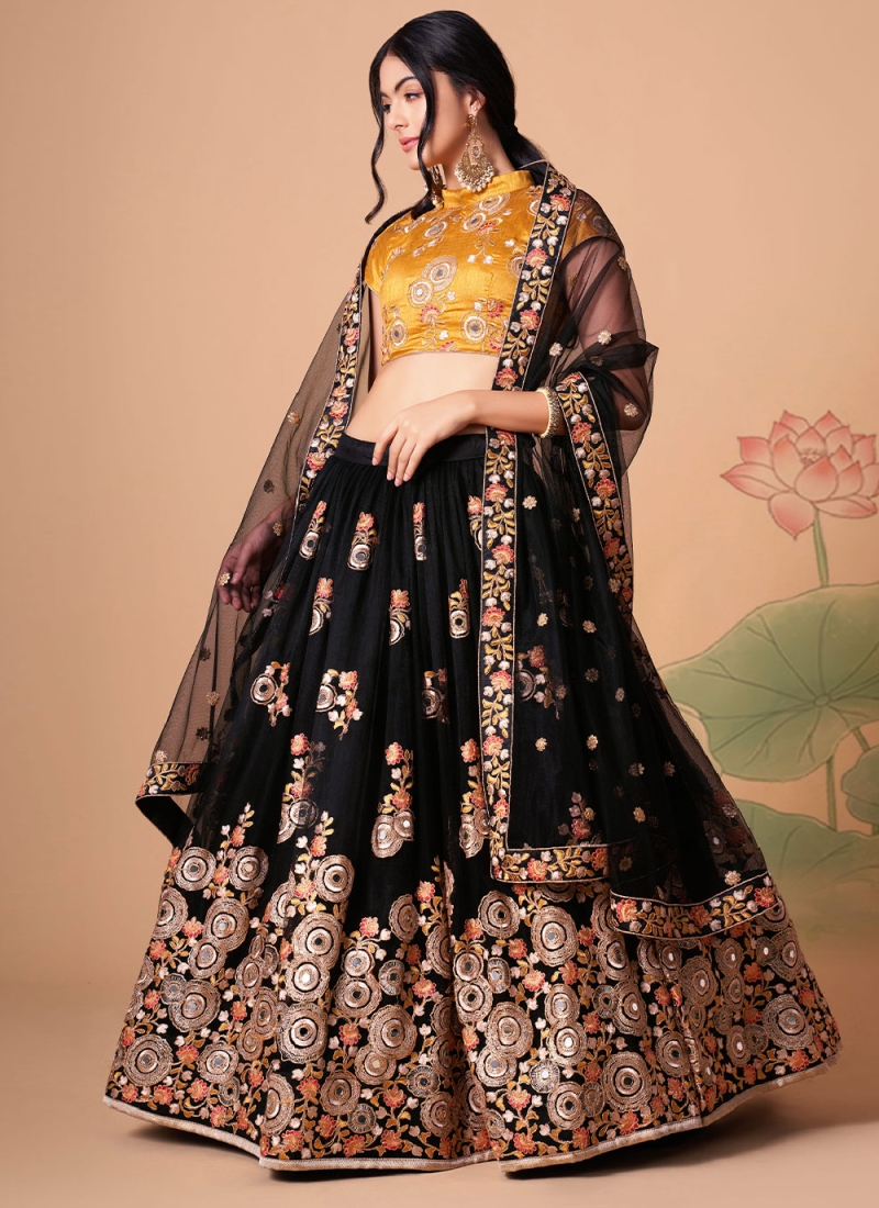 FABPIXEL Black & Peach-Coloured Embroidered Sequinned Shibori Semi-Stitched  Lehenga & Unstitched Blouse With Price in India, Full Specifications &  Offers | DTashion.com