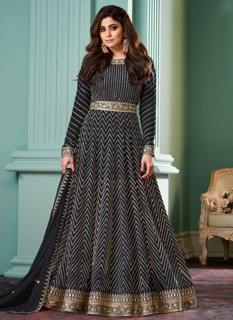 Black Georgette Readymade Floor Length Gown 