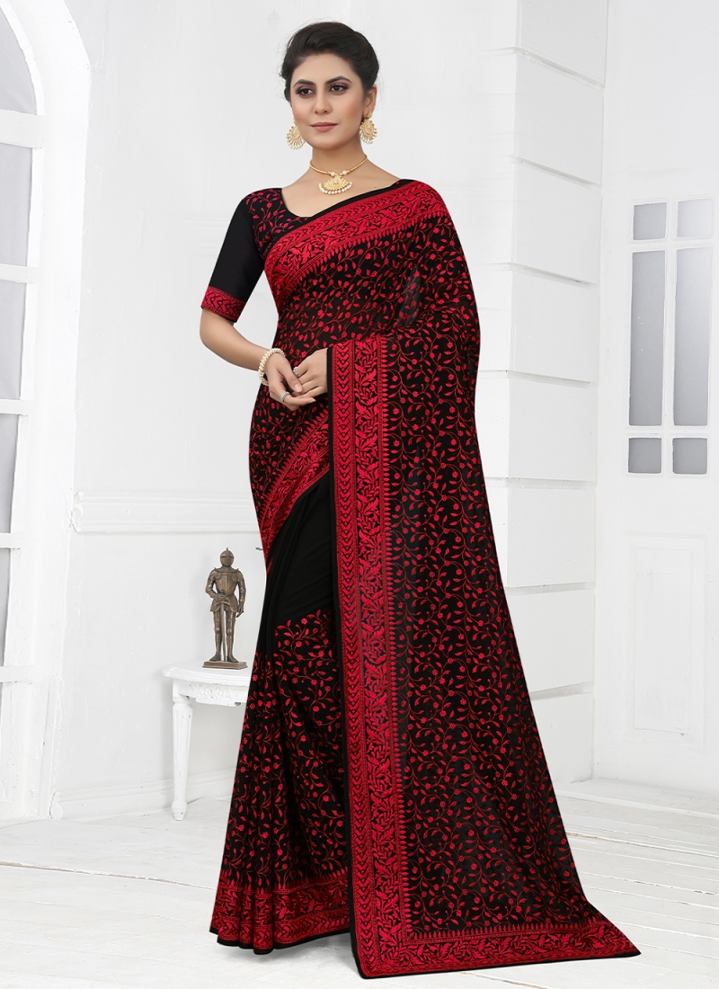 Printed Georgette Saree in Black and Red – Common Kiwi