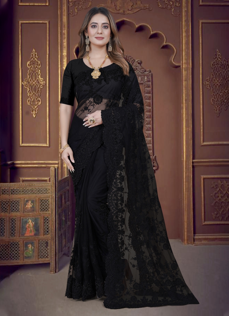 Attractive Embroidered Black Net Trendy Saree