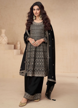 Black Silk Ceremonial Palazzo Designer Salwar Kameez