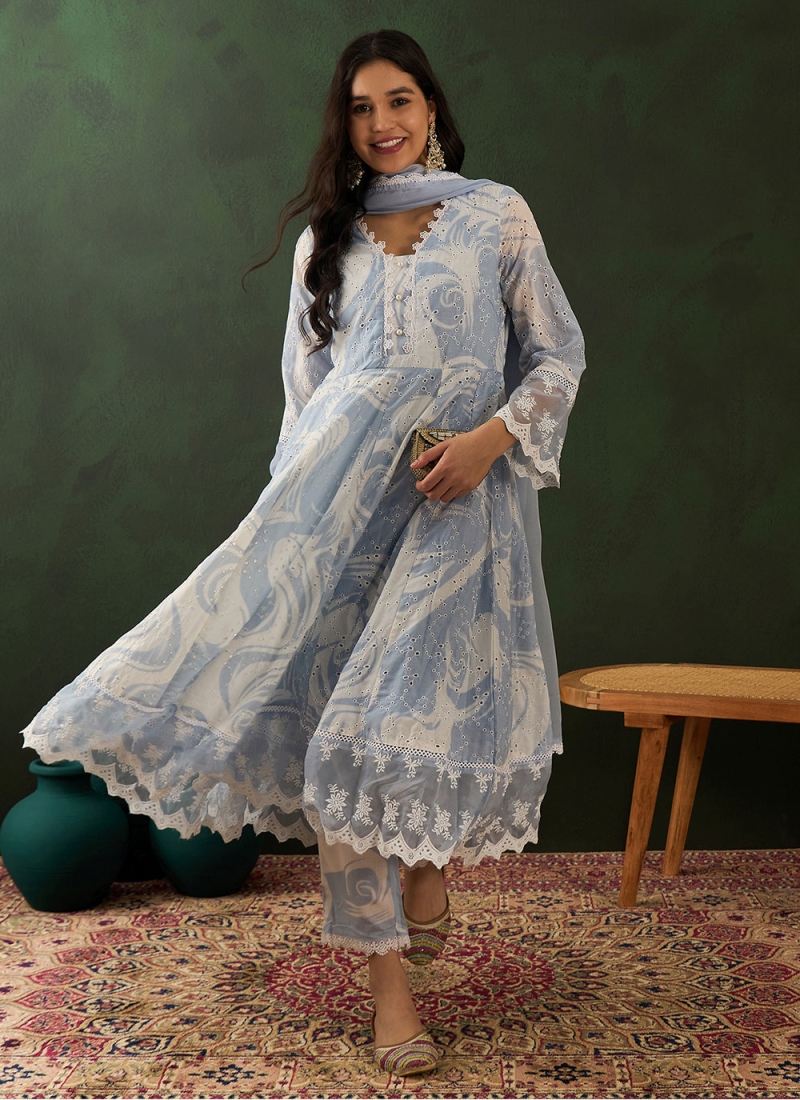 Blended Cotton Embroidered Aqua Blue Trendy Salwar Suit