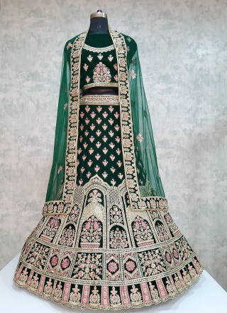 Blissful Embroidered Green Velvet Lehenga Choli