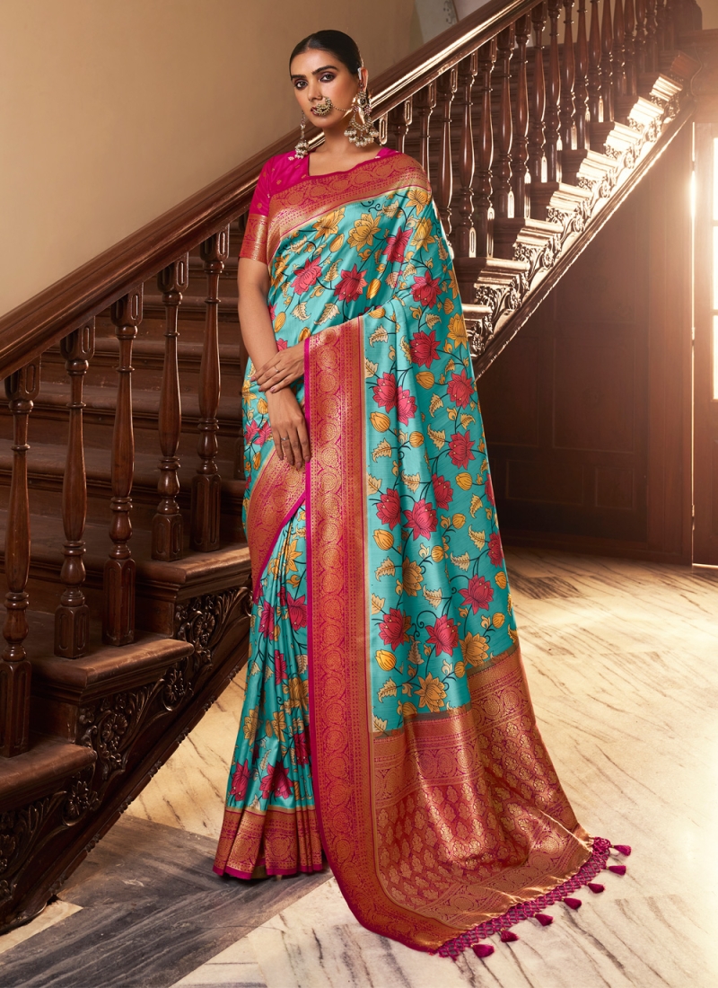 Shop Gorgeous Sky Blue & Pink Patola Printed Silk Wedding Saree With Blouse  From Ethnic Plus