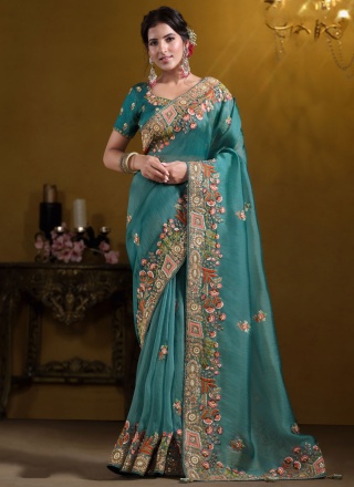 Blooming Embroidered Blue Contemporary Saree