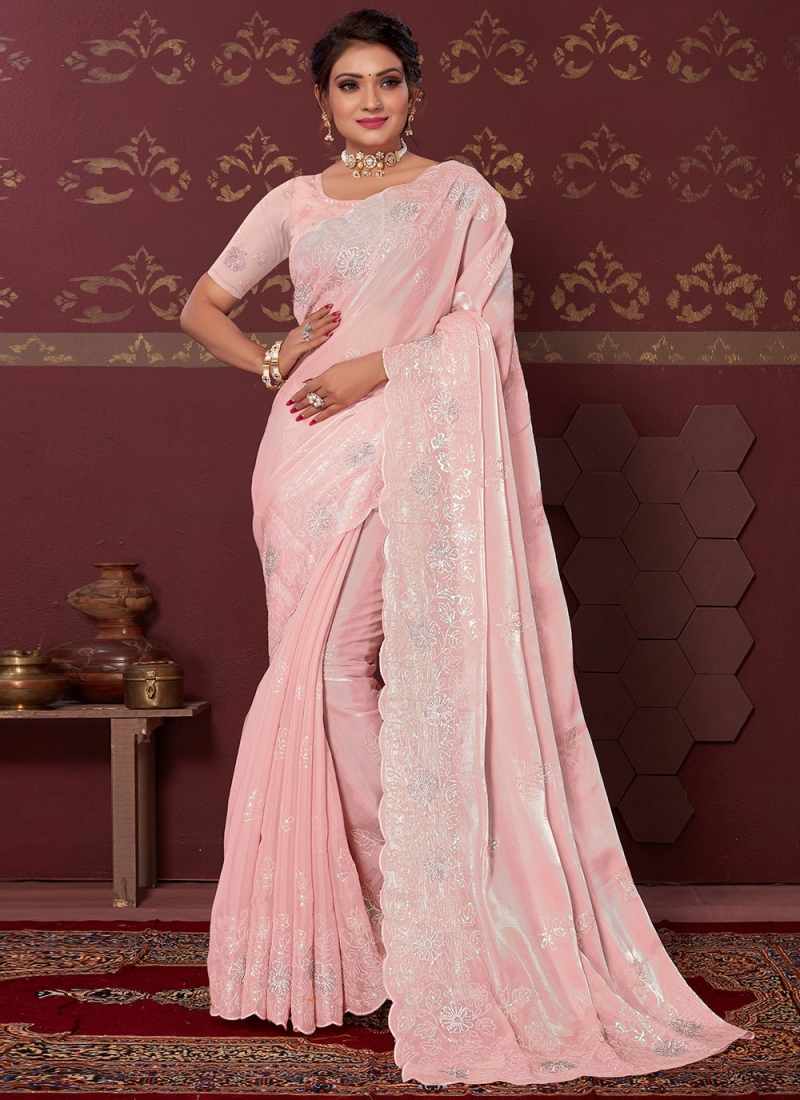 Blush Pink Net Embroidered Saree