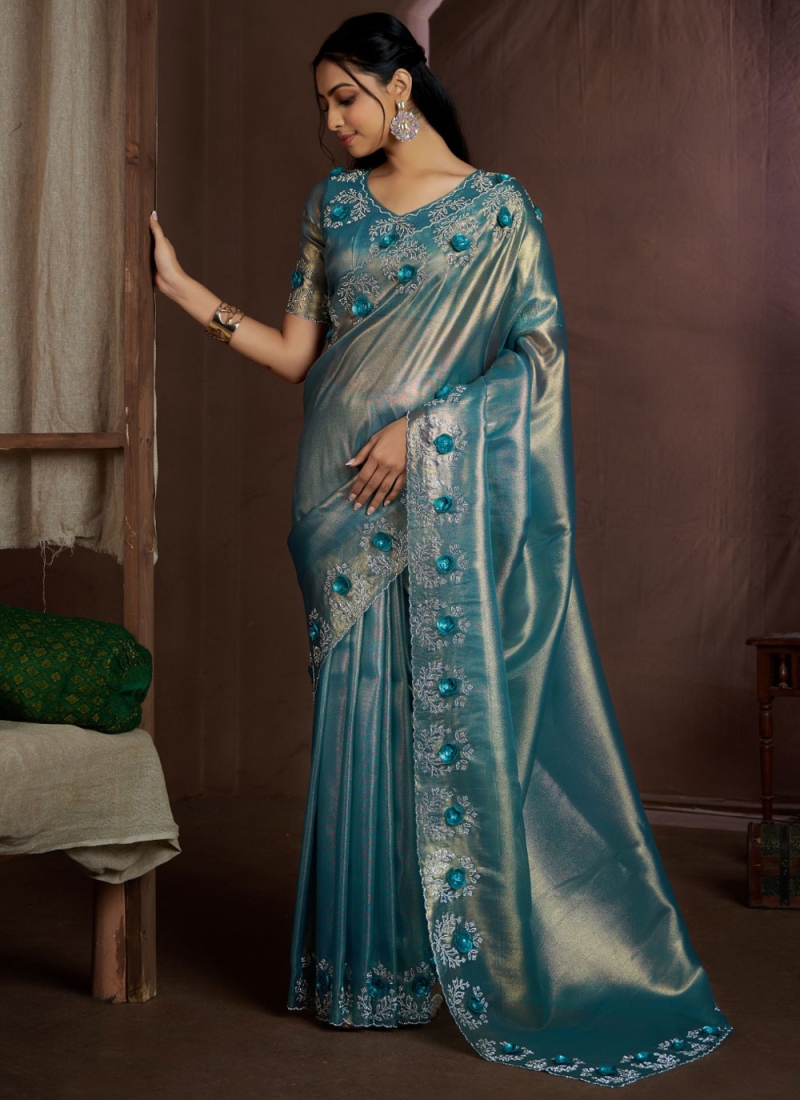 Blue and Firozi Fancy Fabric Trendy Saree