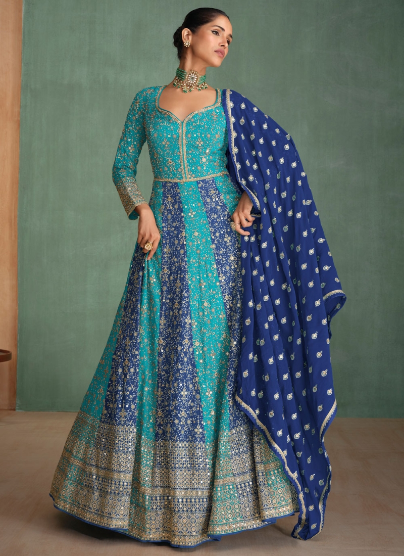 Blue and Firozi Georgette Embroidered Readymade Gown