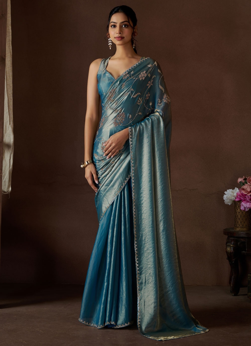 Blue and Firozi Satin Silk Reception Classic Saree