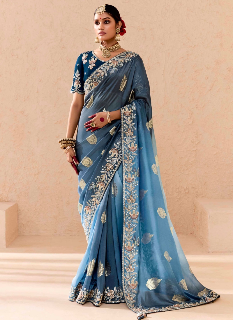 Blue and Grey Silk Ceremonial Contemporary Saree