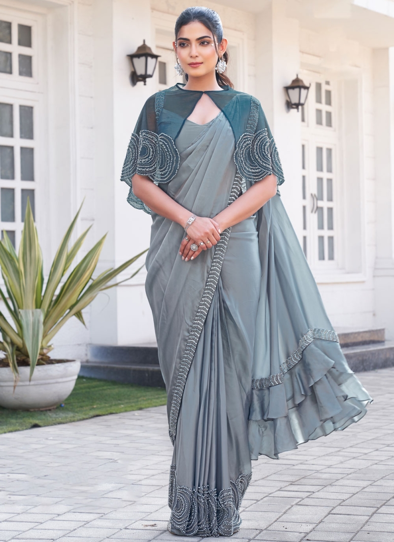 Blue and Grey Stone Traditional Saree