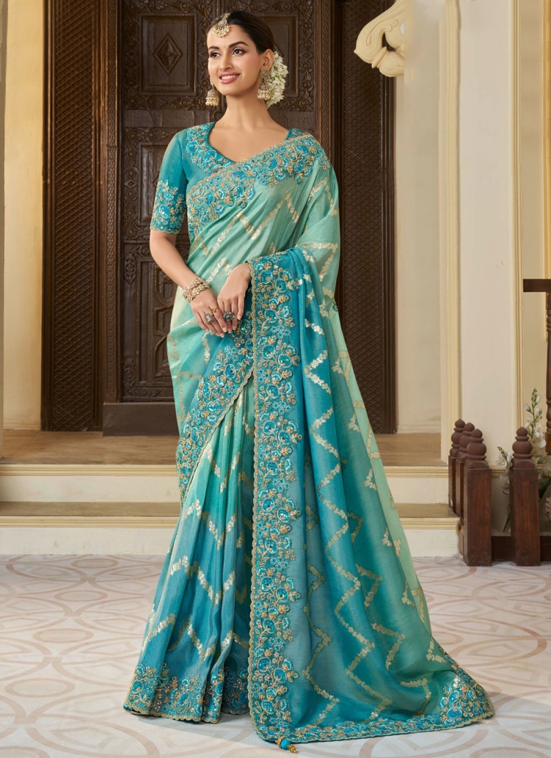 Blue and Turquoise Stone Reception Classic Saree