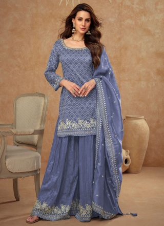 Blue and Violet Sangeet Silk Trendy Salwar Kameez