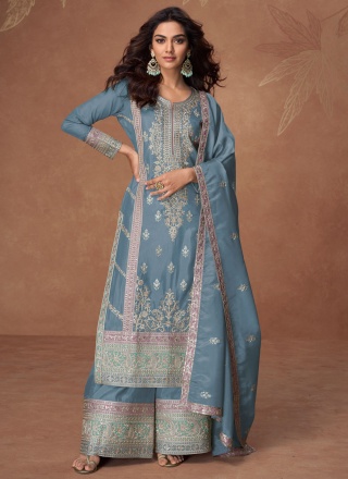 Blue Embroidered Shimmer Designer Salwar Suit