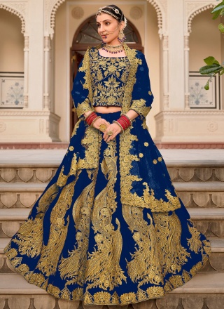 Blue Embroidered Velvet Lehenga Choli