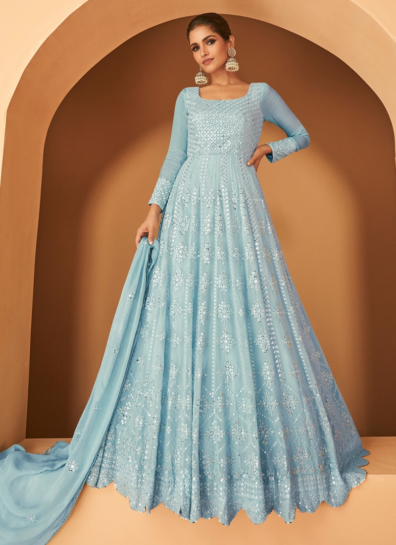 Blue Georgette Embroidered Readymade Gown