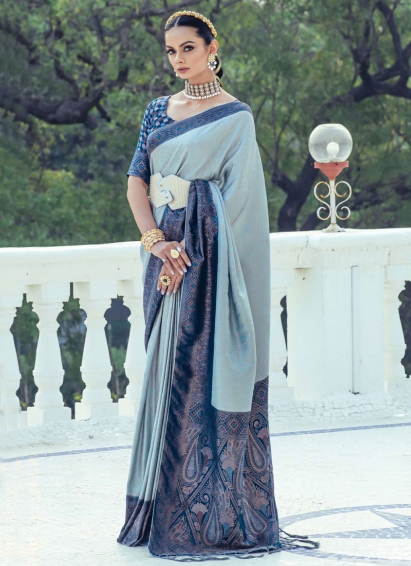 Blue Party Satin Contemporary Saree