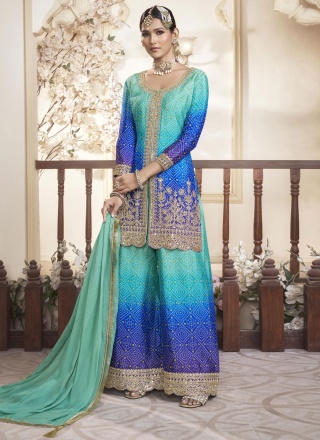 Blue Silk Ceremonial Trendy Salwar Kameez