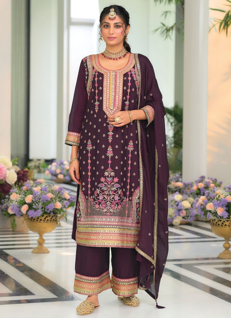 Breathtaking Chinon Purple Embroidered Trendy Salwar Kameez