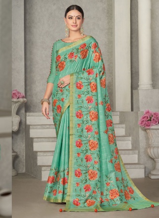 Breathtaking Floral Print Sea Green Classic Saree