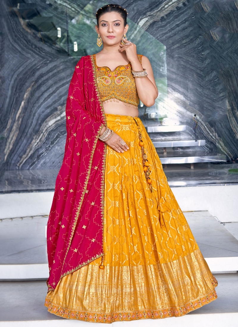 Brilliant Jacquard Work Yellow Jacquard Silk Readymade Lehenga Choli