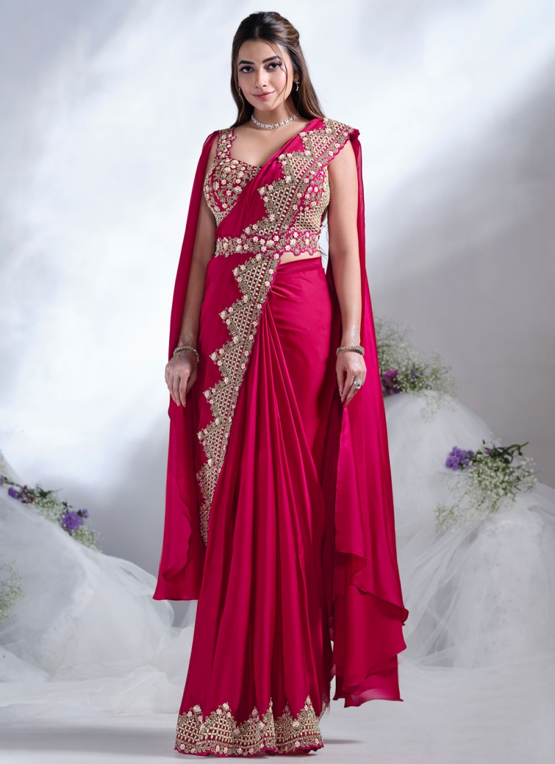 Brilliant Rani and Red Moti Satin Silk Classic Saree