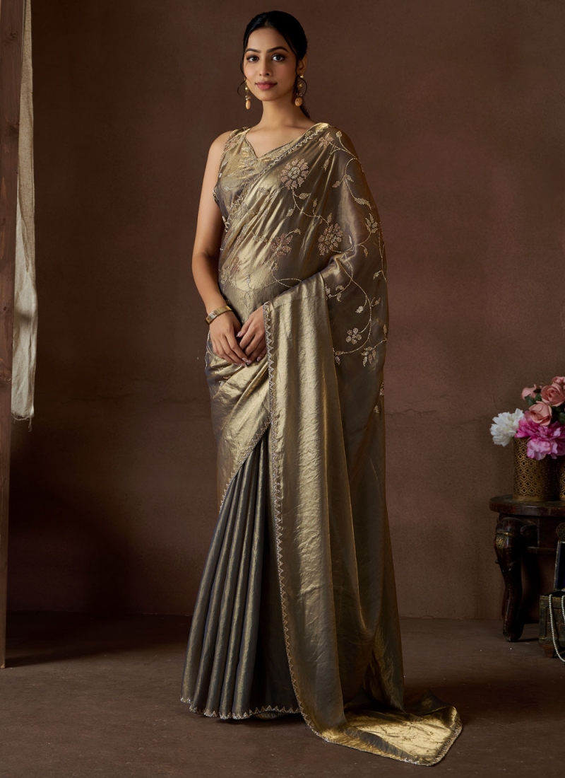 Brown and Grey Satin Silk Trendy Saree