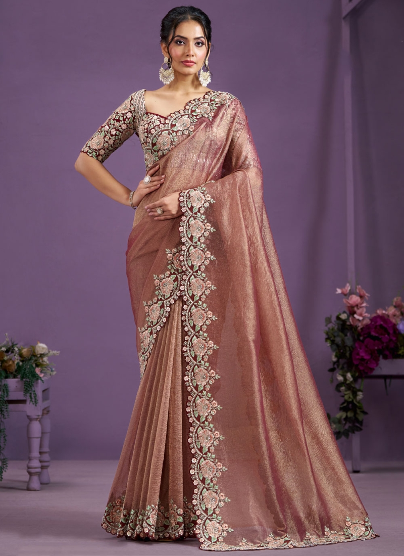 Brown and Peach Banarasi Silk Wedding Designer Saree