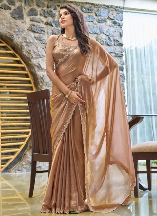 Brown Cutdana Satin Silk Traditional Saree