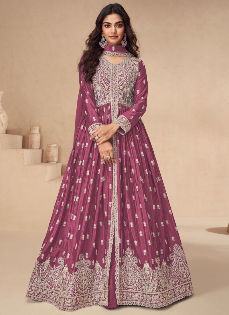 Burgundy and Magenta Embroidered Silk Readymade Lehenga Choli