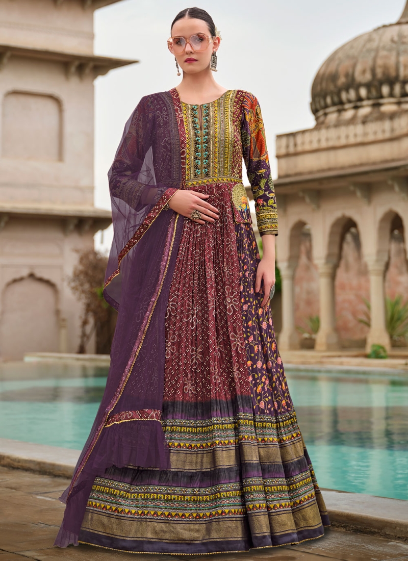 Burgundy Ceremonial Silk Readymade Trendy Gown 