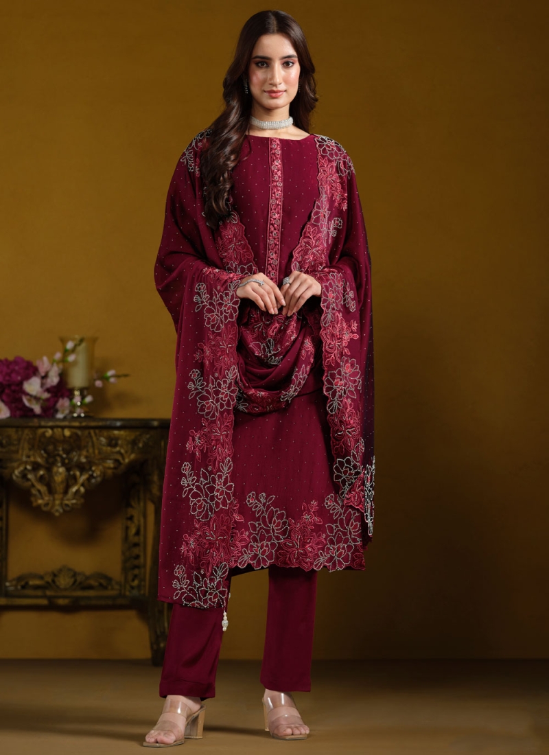 Burgundy Embroidered Ceremonial Trendy Salwar Kameez