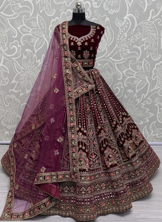 Capricious Maroon Velvet Trendy Lehenga Choli