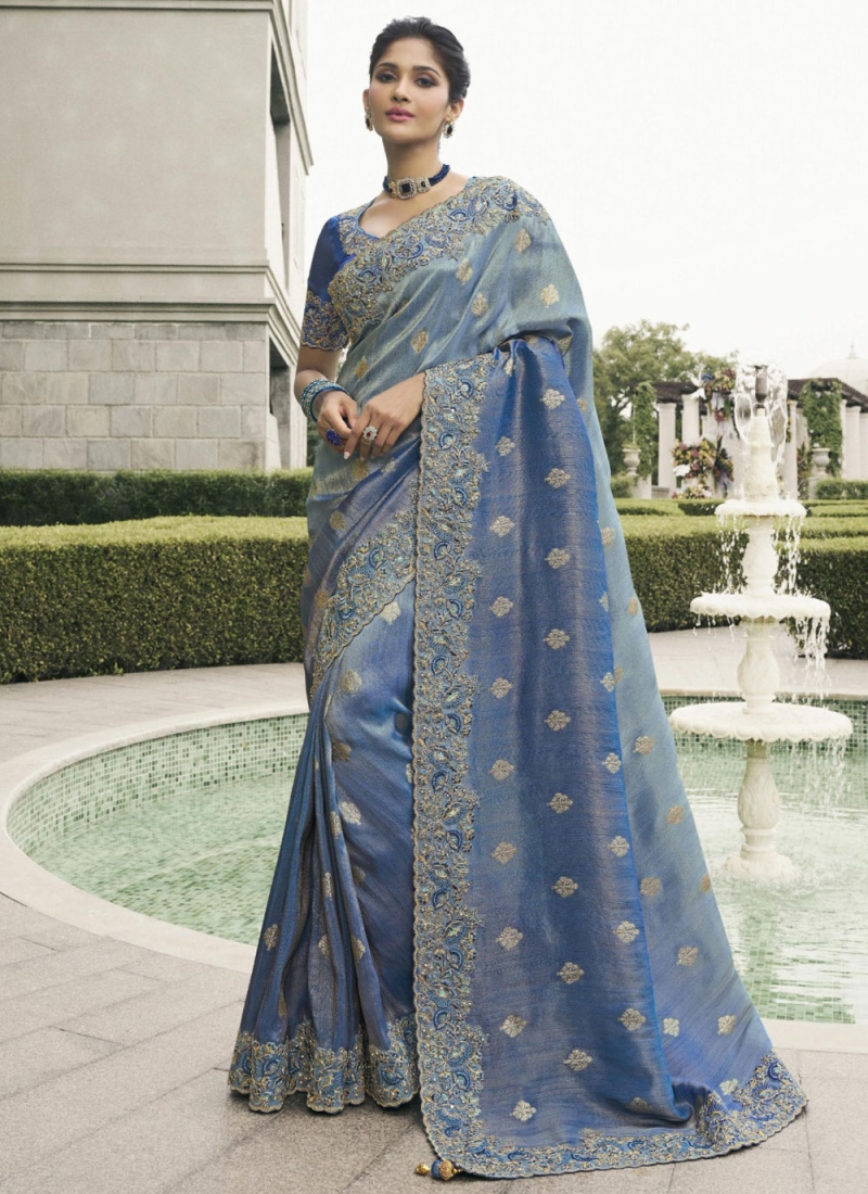 Captivating Tussar Silk Violet Embroidered Classic Saree