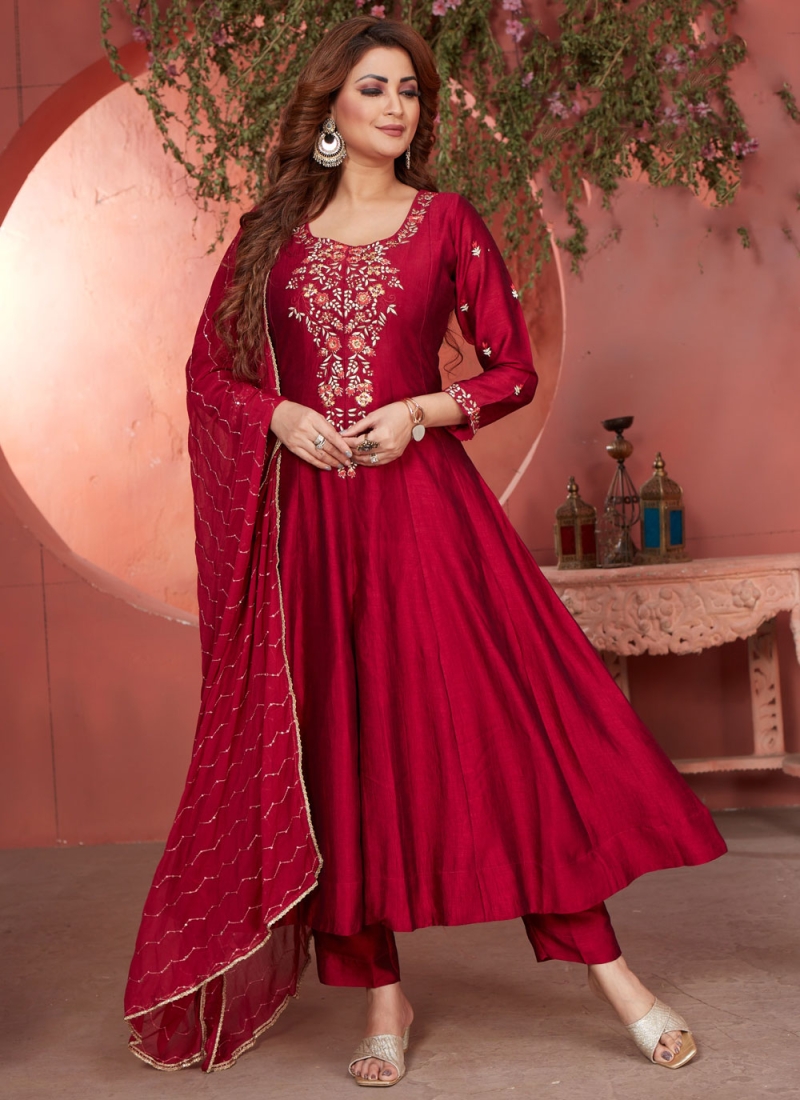 Celestial Jacquard Maroon and Rani Designer Salwar Kameez