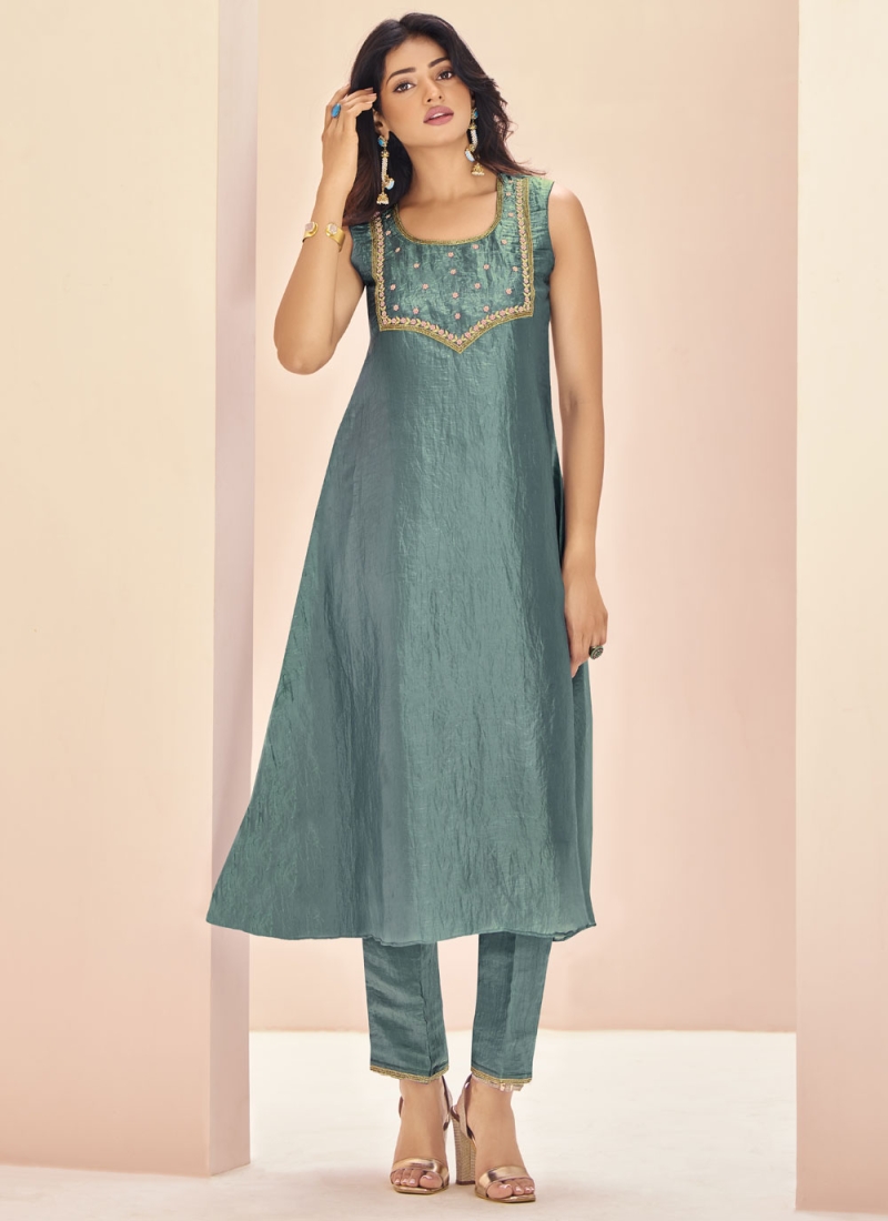 Charming Embroidered Blue and Grey Designer Kurti