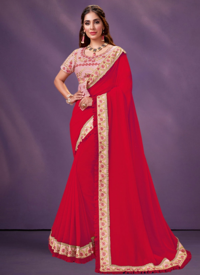 Charming Georgette Zari Red Trendy Saree