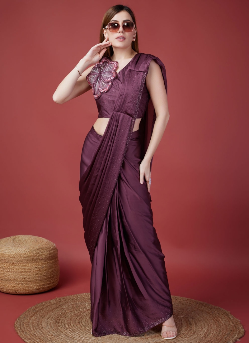 Charming Wine Satin Silk Classic Saree