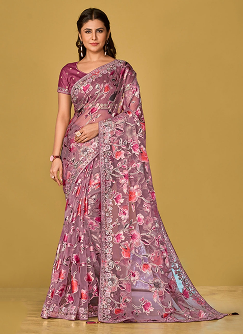 Cherubic Embroidered Pink Organza Trendy Saree