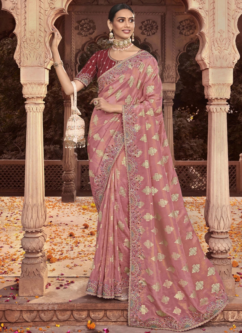 Chic Pink Engagement Contemporary Style Saree