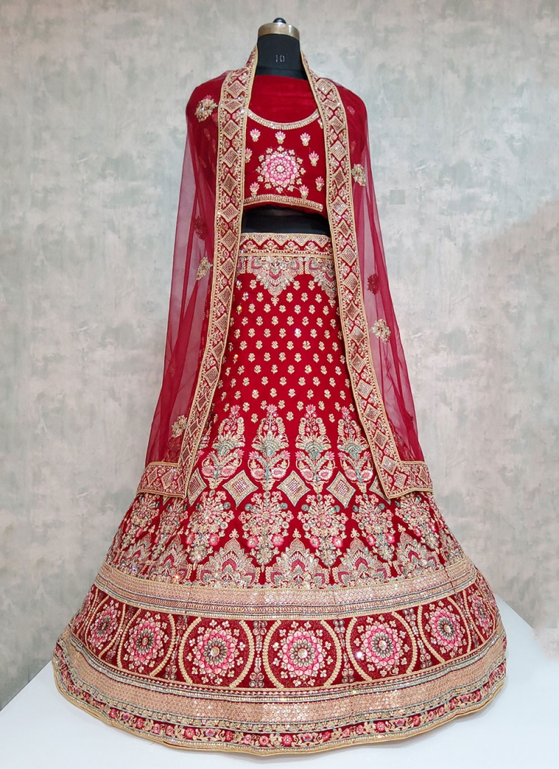 Chic Red Embroidered Velvet Lehenga Choli