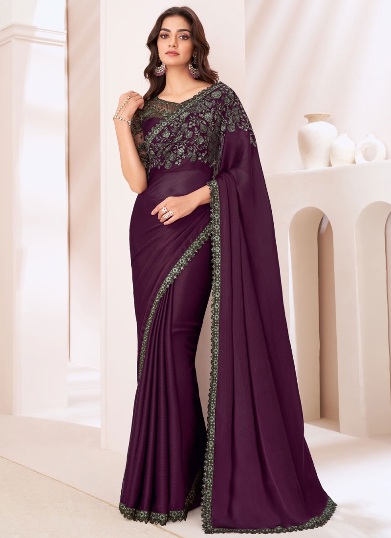 Chiffon Border Purple Designer Saree